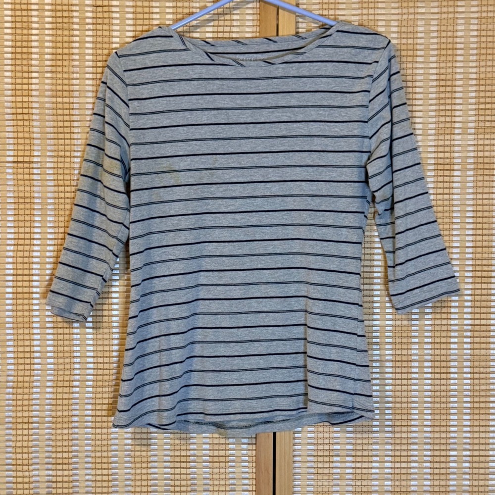 Simply Styled Womens Grey Navy Blue Striped 3/4 Sleeve Boat Neck Top Size L